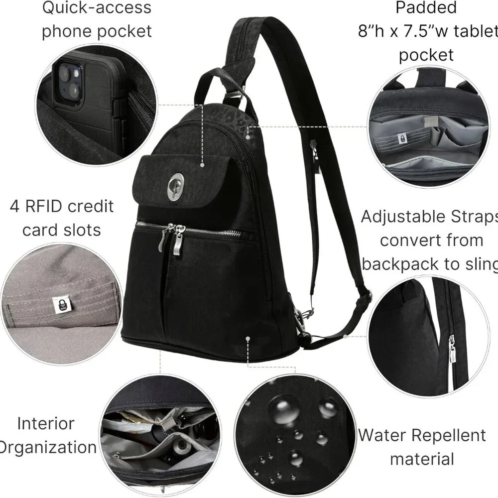 Baggallini Black Cheetah Embossed Naples Convertible Backpack/NWT